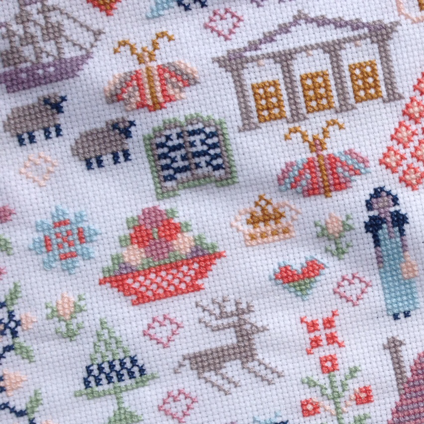 Jaune Austen Sampler cross stitch pattern by Riverdrift House, ship motif