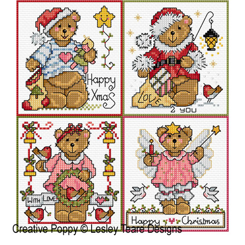 Cute Christmas Teddy cards cross stitch pattern by Lesley Teare Designs